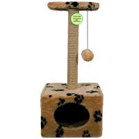 Когтеточка домик с полкой квадрат мех джут коричневый с игрушкой 35*35*77см/DONBARON