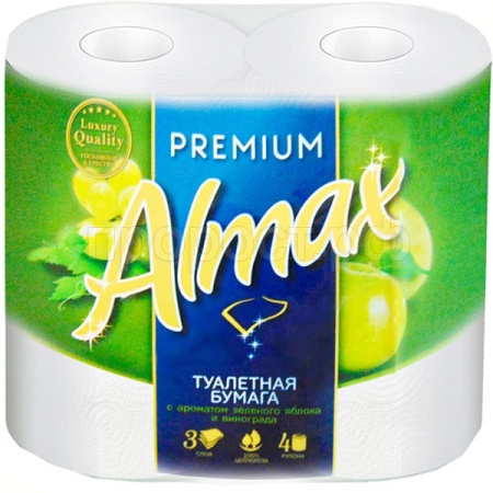 Туалетная бумага 3 слоя "ALMAX PREMIUM" 4рулона*18,6м белая аромат винограда/16шт/73419