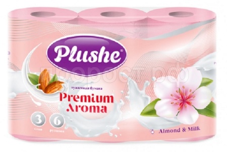 Туалетная бумага 3 слоя "Plushe Premium Aroma" 6рулонов*15м Almond & milk